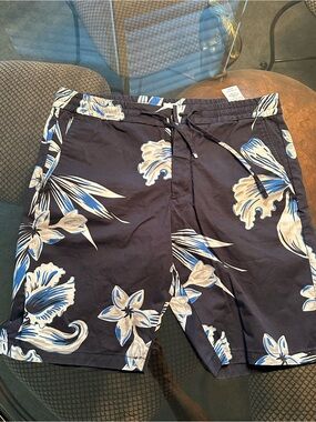 Men's Floral Navy Swim Trunks with White and Blue Print